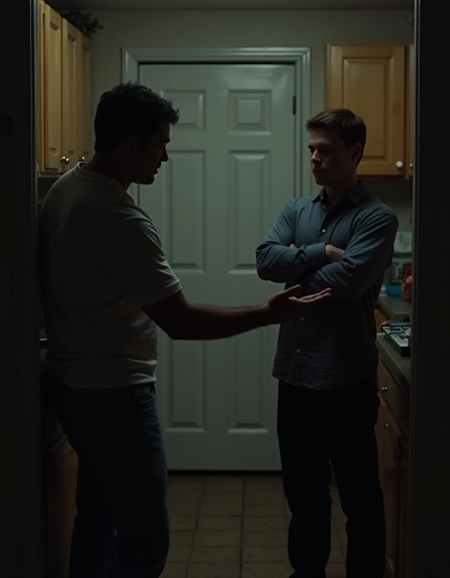 One person reaches out while the other turns away, standing near a closed door.