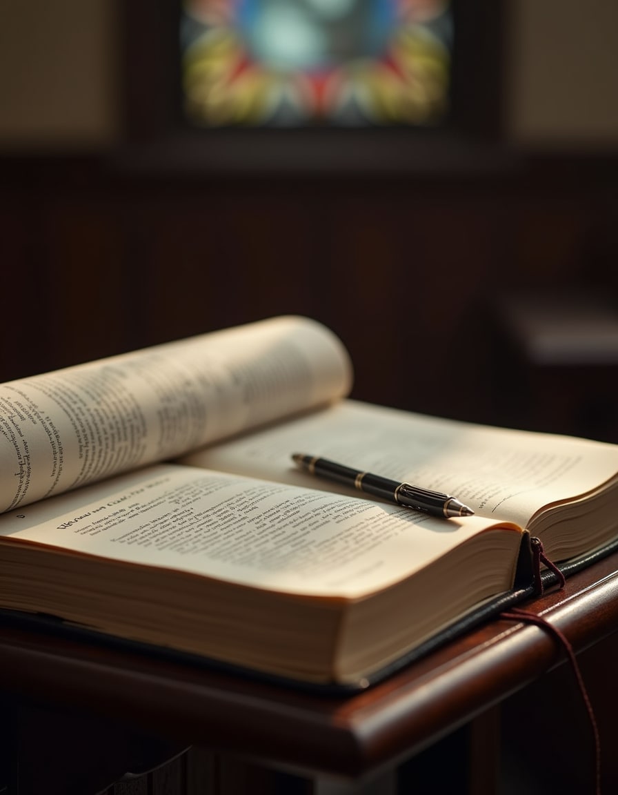 El cuaderno y la Biblia de un ministro sobre un púlpito, sugiriendo una preparación tranquila antes de enseñar a otros.