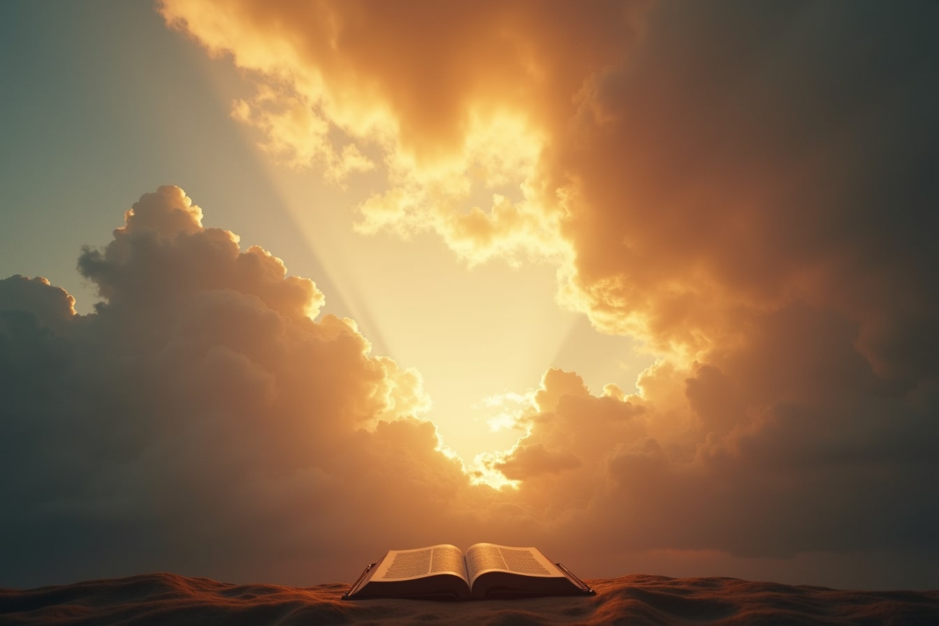 A wide sky with parting clouds and streaming golden light, viewed upward from the earth.