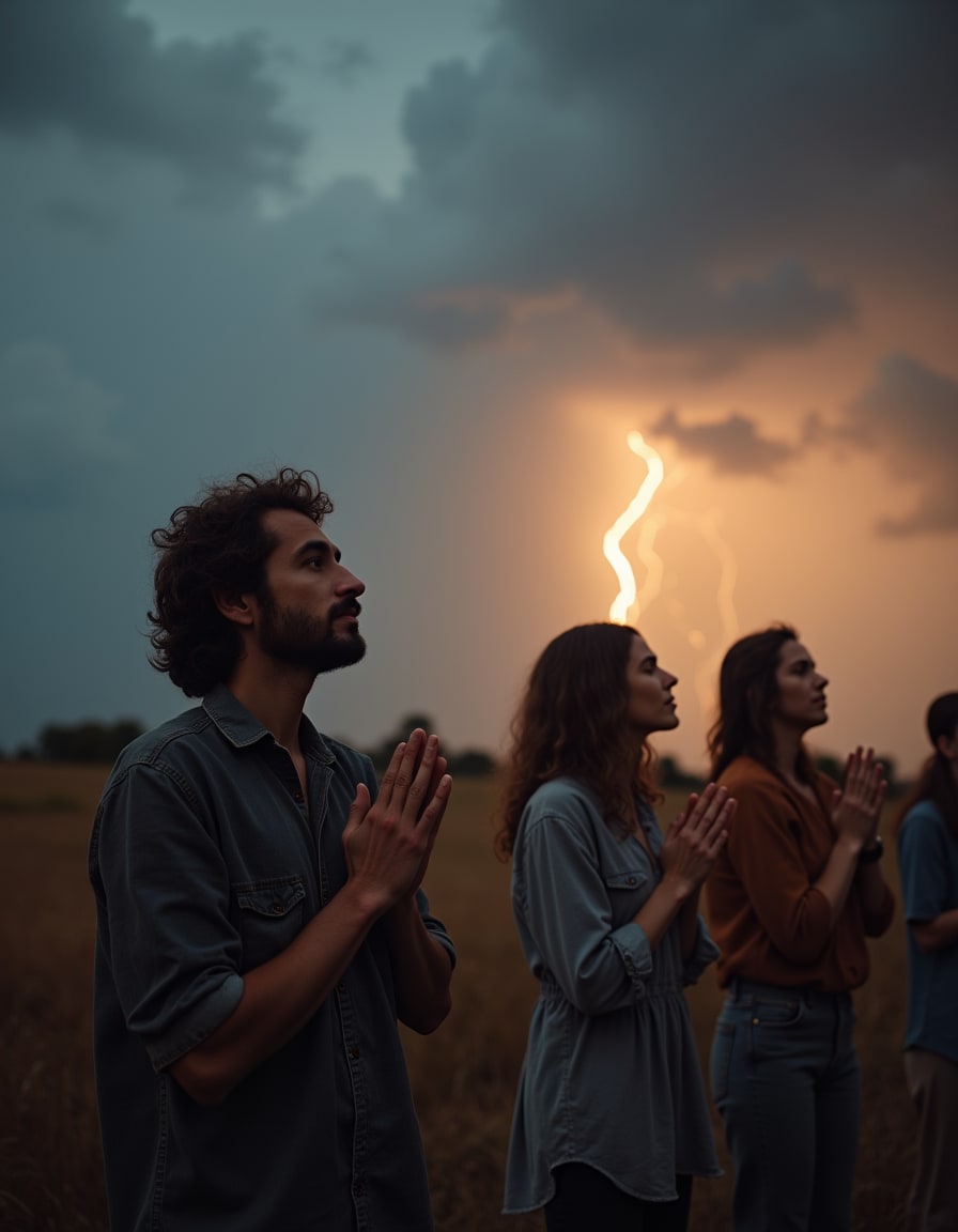 A group of believers standing together outdoors, praying and looking toward a stormy sky at dusk.