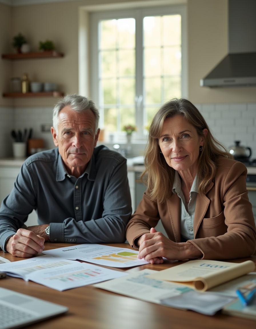 A couple sits at a table reviewing retirement and investment papers in a comfortable home.