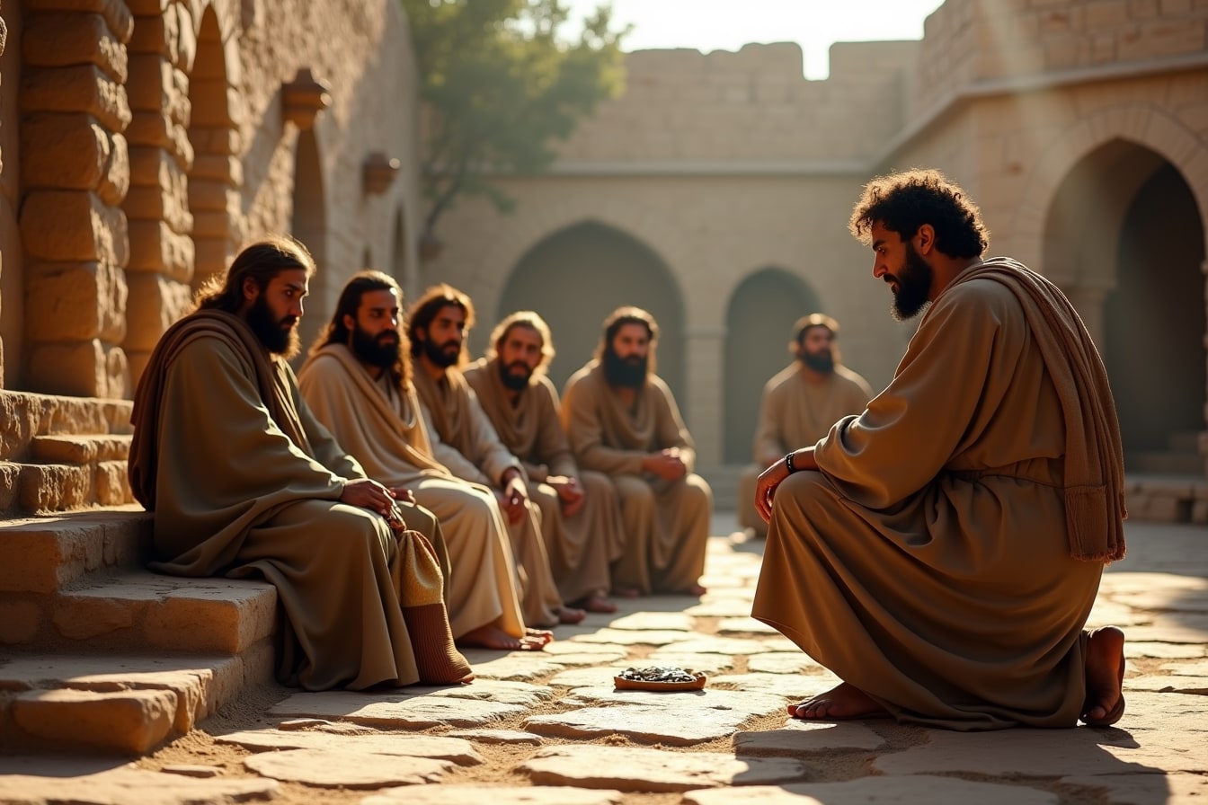 A wealthy man in ancient dress kneels and lays a bag of money before a group of seated apostles in a stone courtyard.
