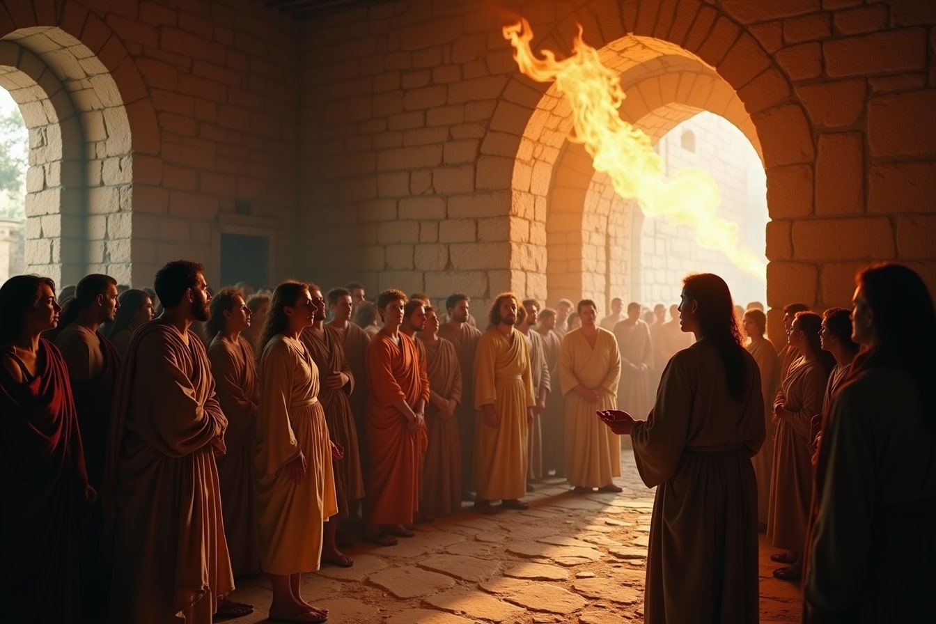 A group of believers in an ancient upper room reacting with awe as flames appear above their heads, while a crowd gathers at the doorway.