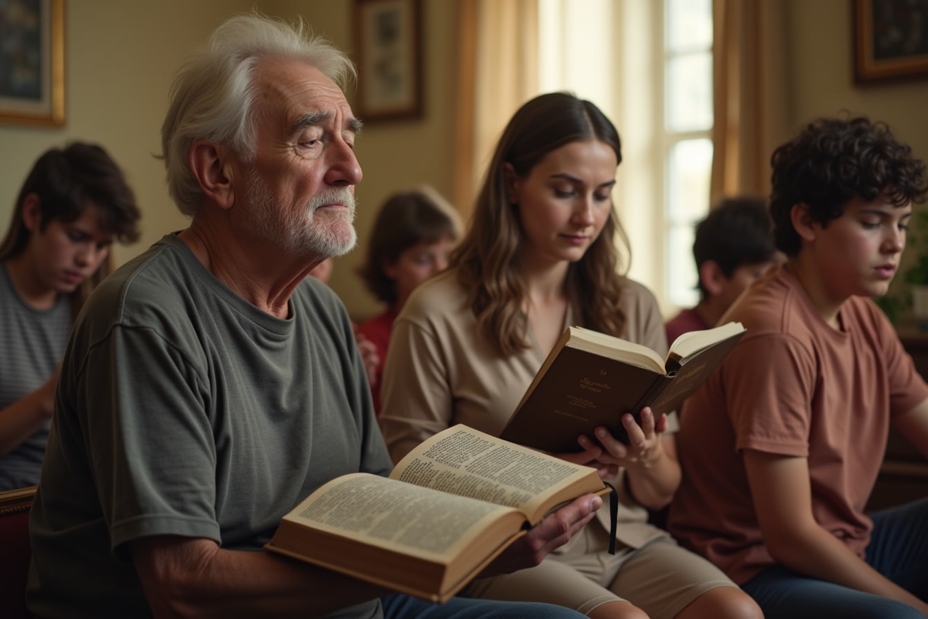 An intergenerational group of believers, old and young, men and women, praying and reading Scripture together in a sunlit room.