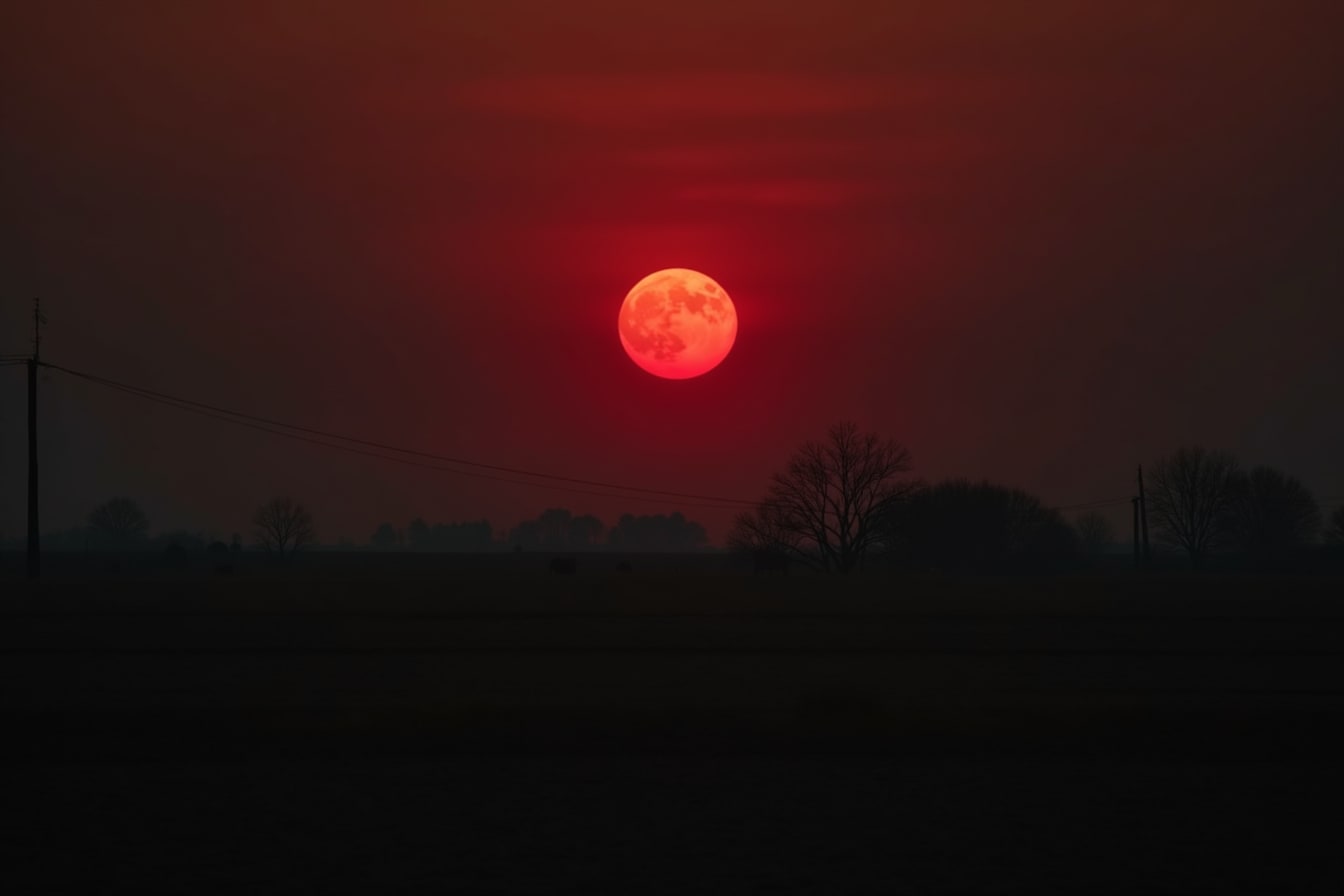 A large blood-red moon glowing over a dark and quiet rural landscape.
