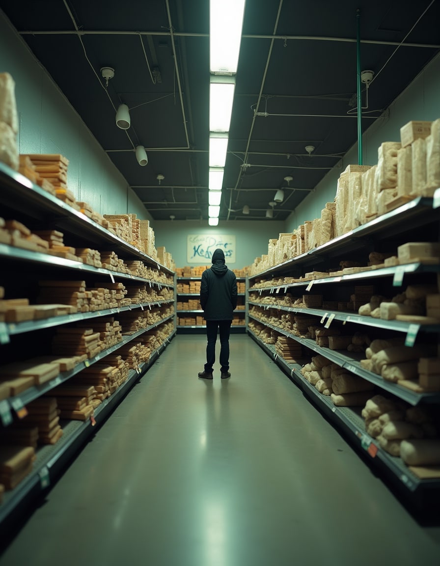 A dimly lit, empty grocery store aisle with bare shelves and one person standing quietly.
