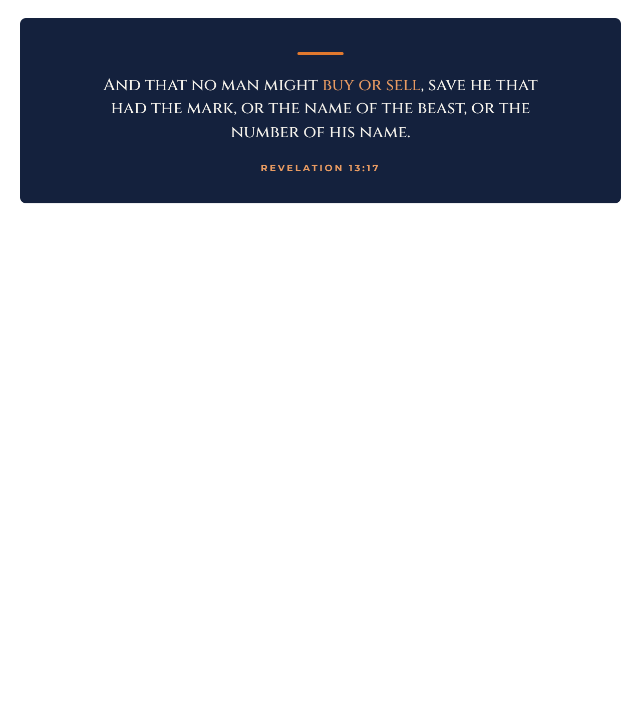 A plate displaying the verse from Revelation 13 about none being able to buy or sell without the mark.