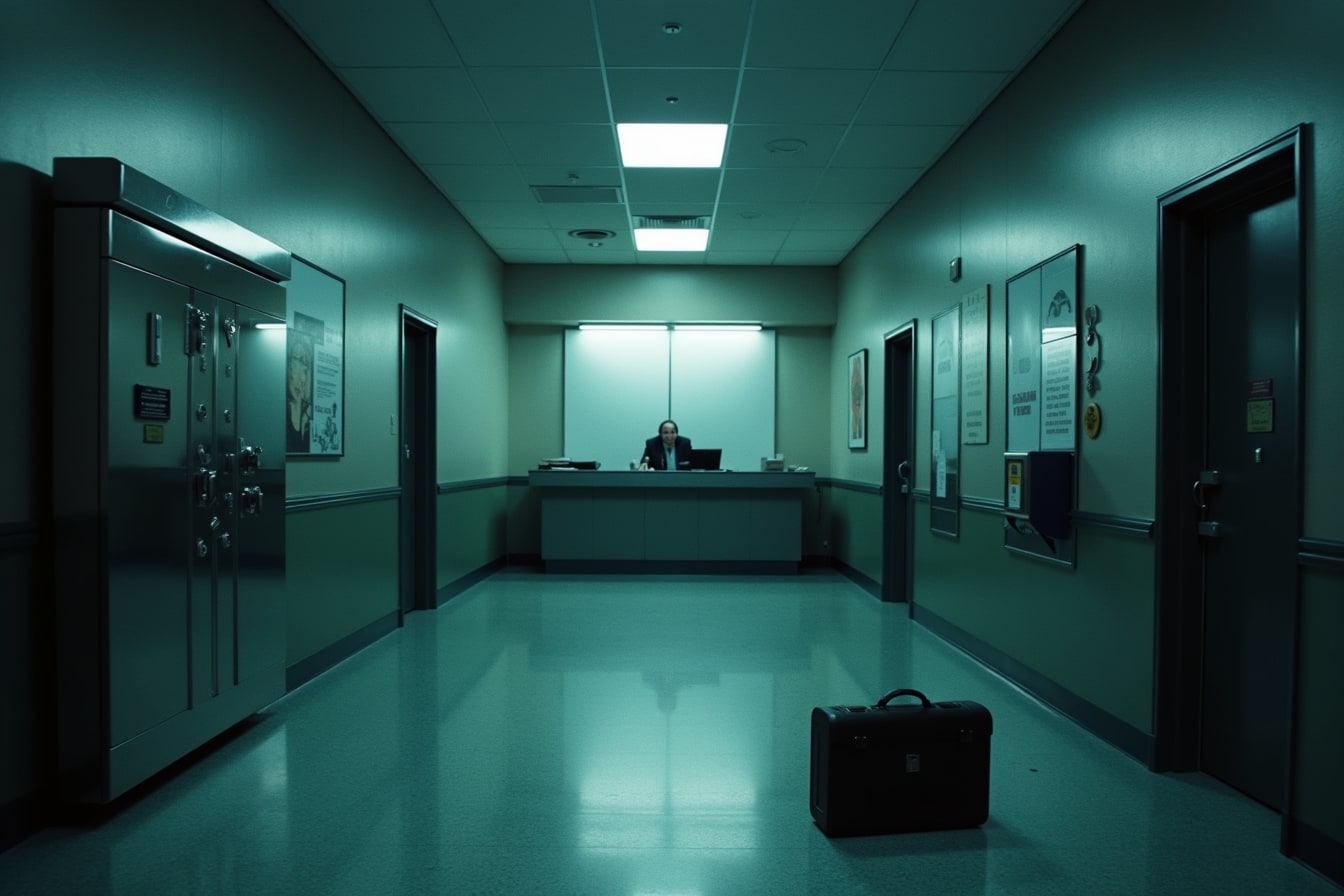 An empty bank lobby with a locked vault door and an abandoned briefcase on the floor, lit by cold light.
