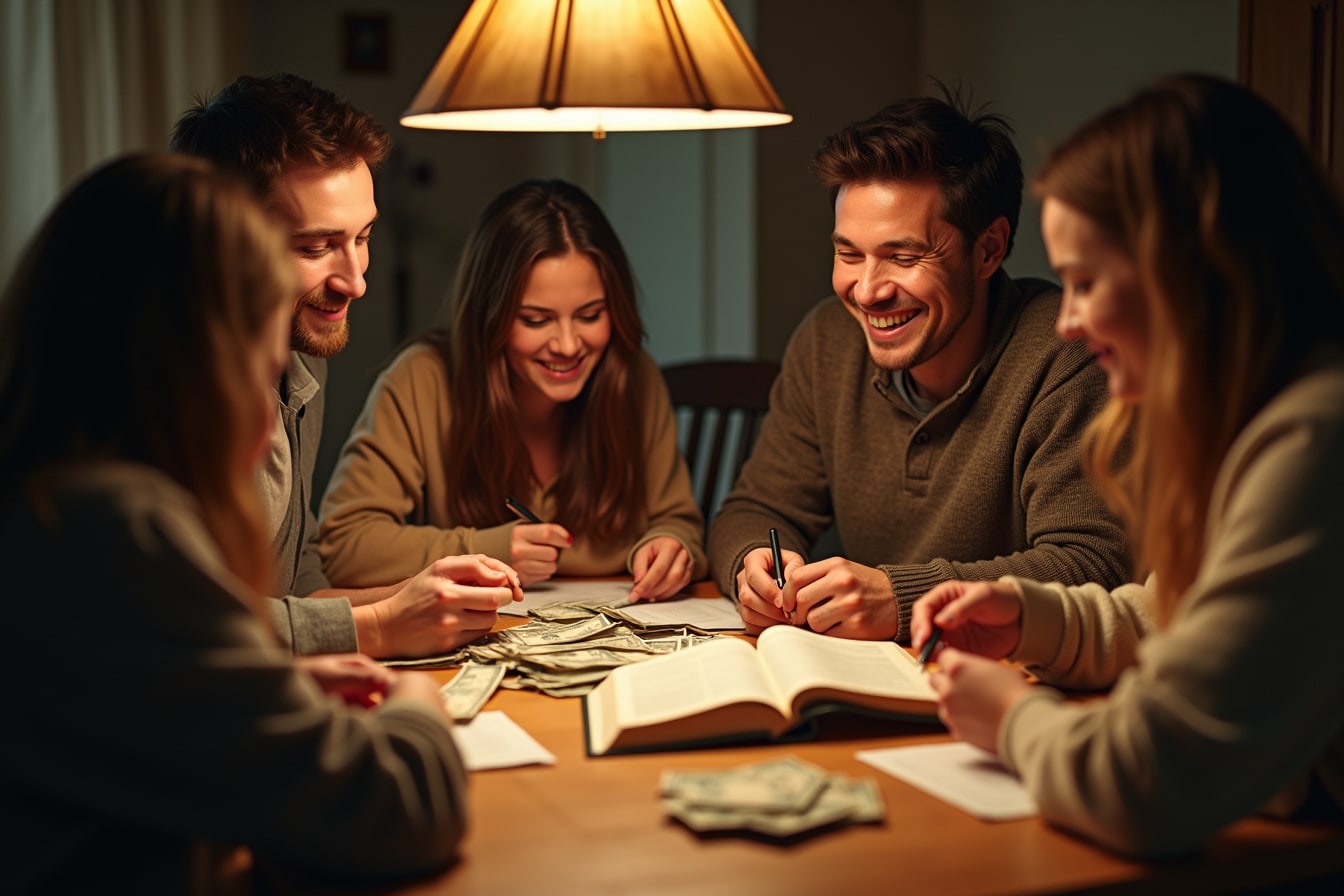 A group of believers at a table counting money and preparing gifts to support missionaries, in warm lamplight.