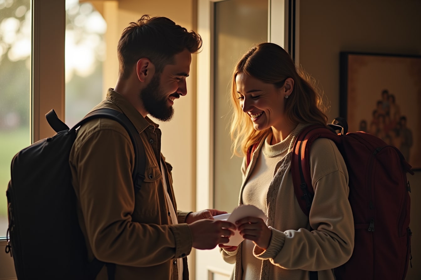 A person hands an envelope of financial support to a missionary couple standing at the door.