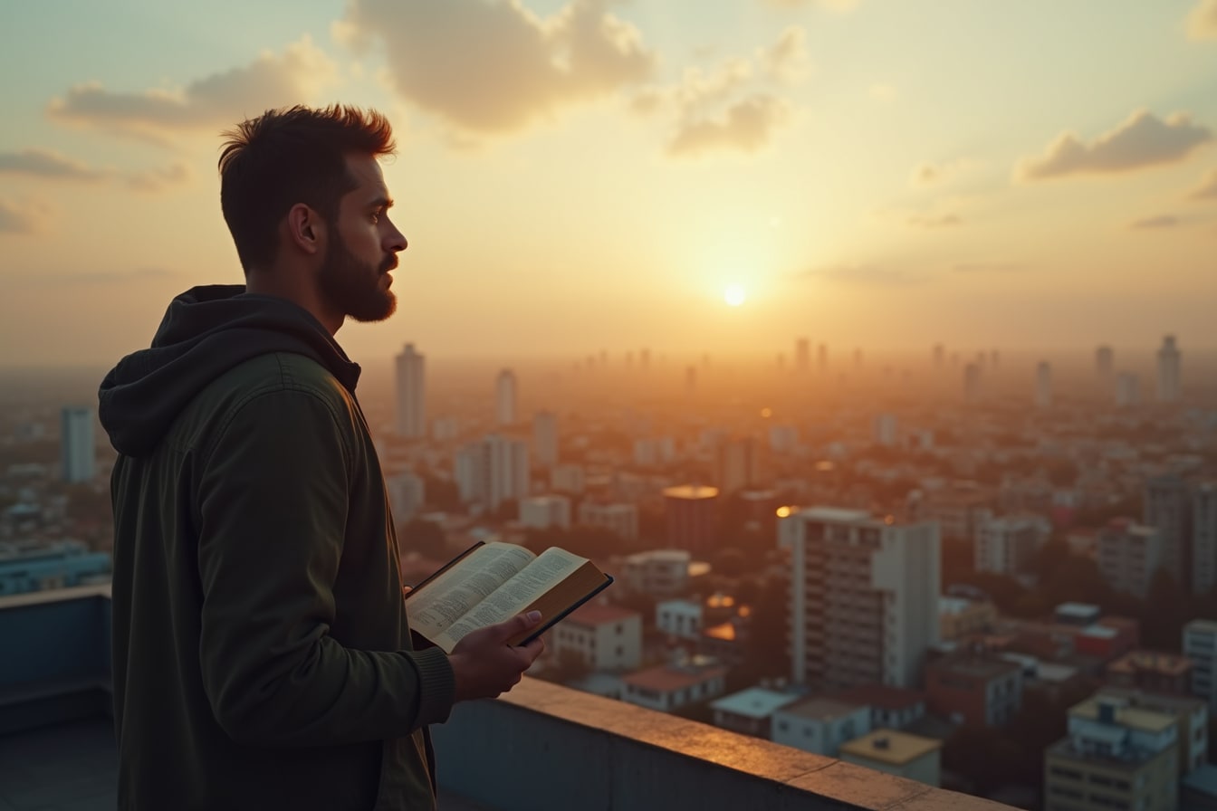 A man stands watching the sunrise over a city skyline, holding a Bible at his side.