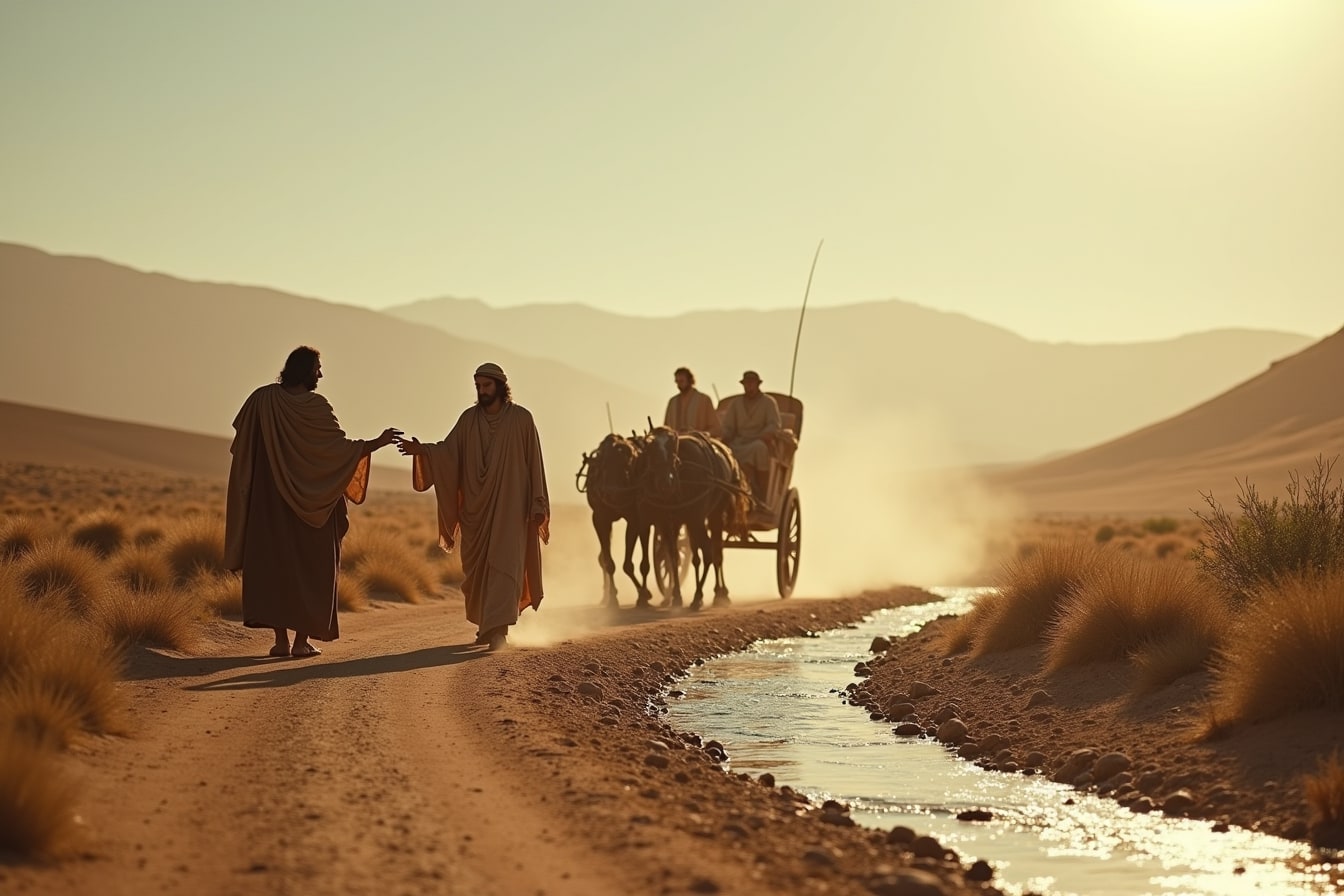 Two men stand beside a chariot on a desert road, one reading a scroll while the other explains it to him.