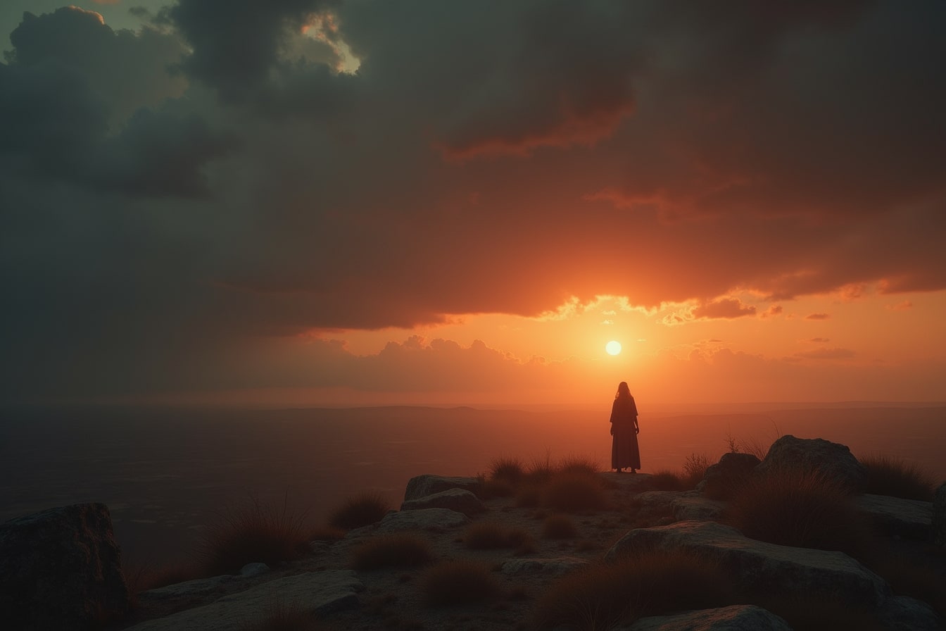 A dramatic darkened sky with a reddish moon over an ancient landscape and a small distant figure.