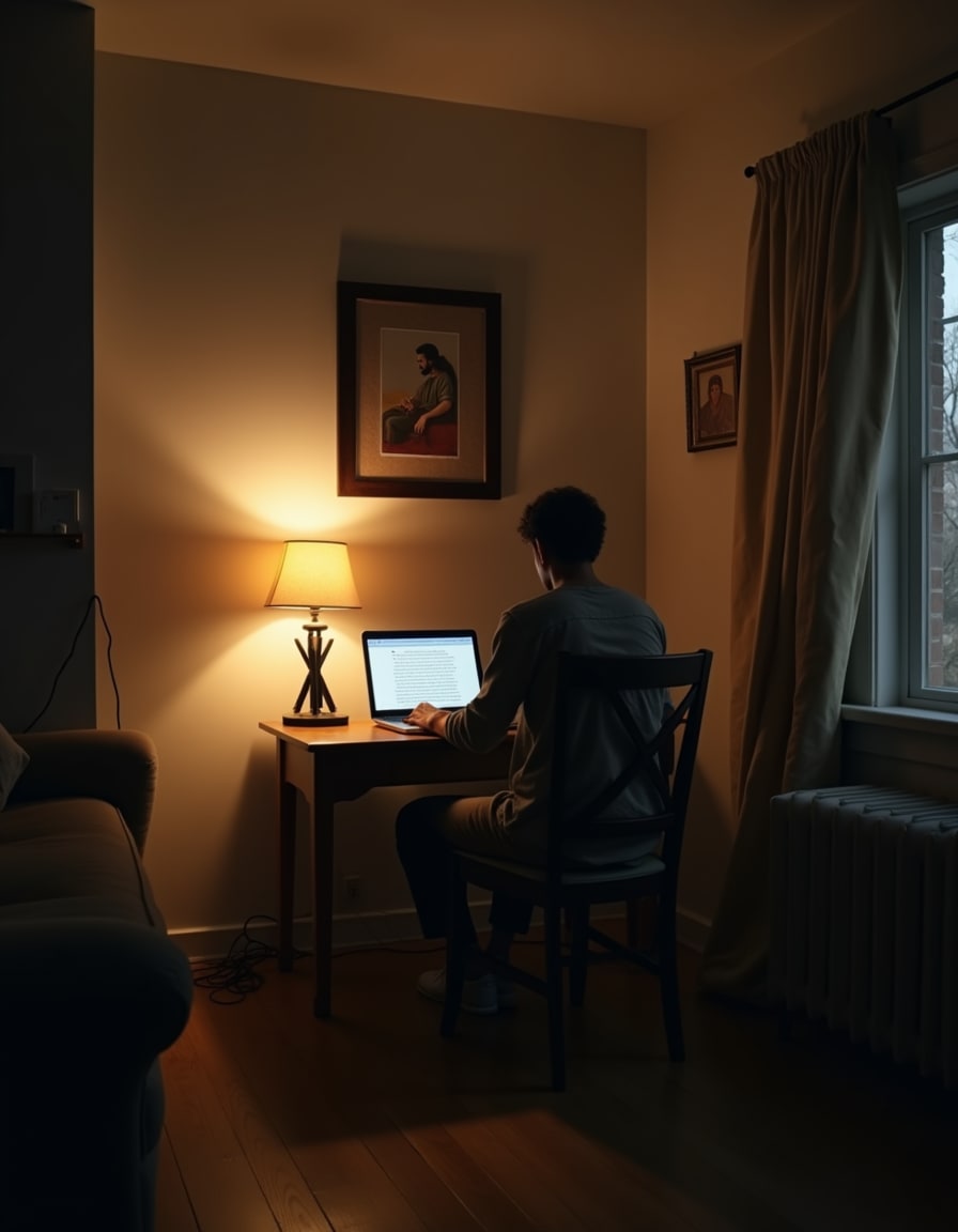 A person recording a gospel message on a laptop camera at a home desk at night.