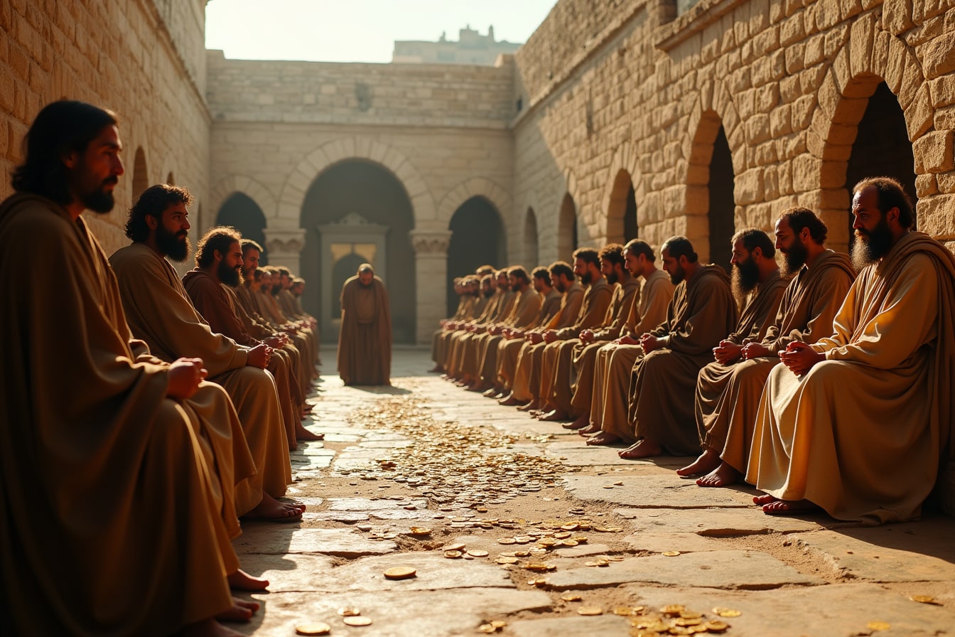 Ancient believers in period clothing bringing possessions and money to lay before the apostles in a Jerusalem courtyard.