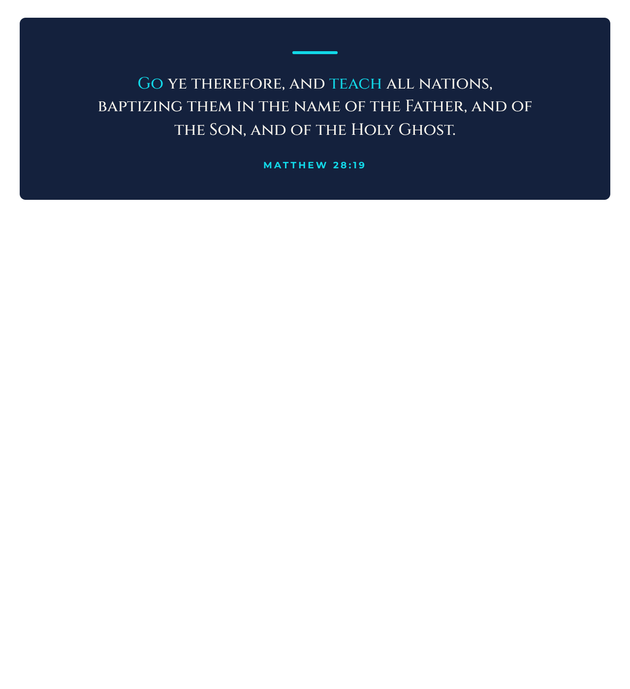 A large quotation of Matthew 28:19 set on its own page.