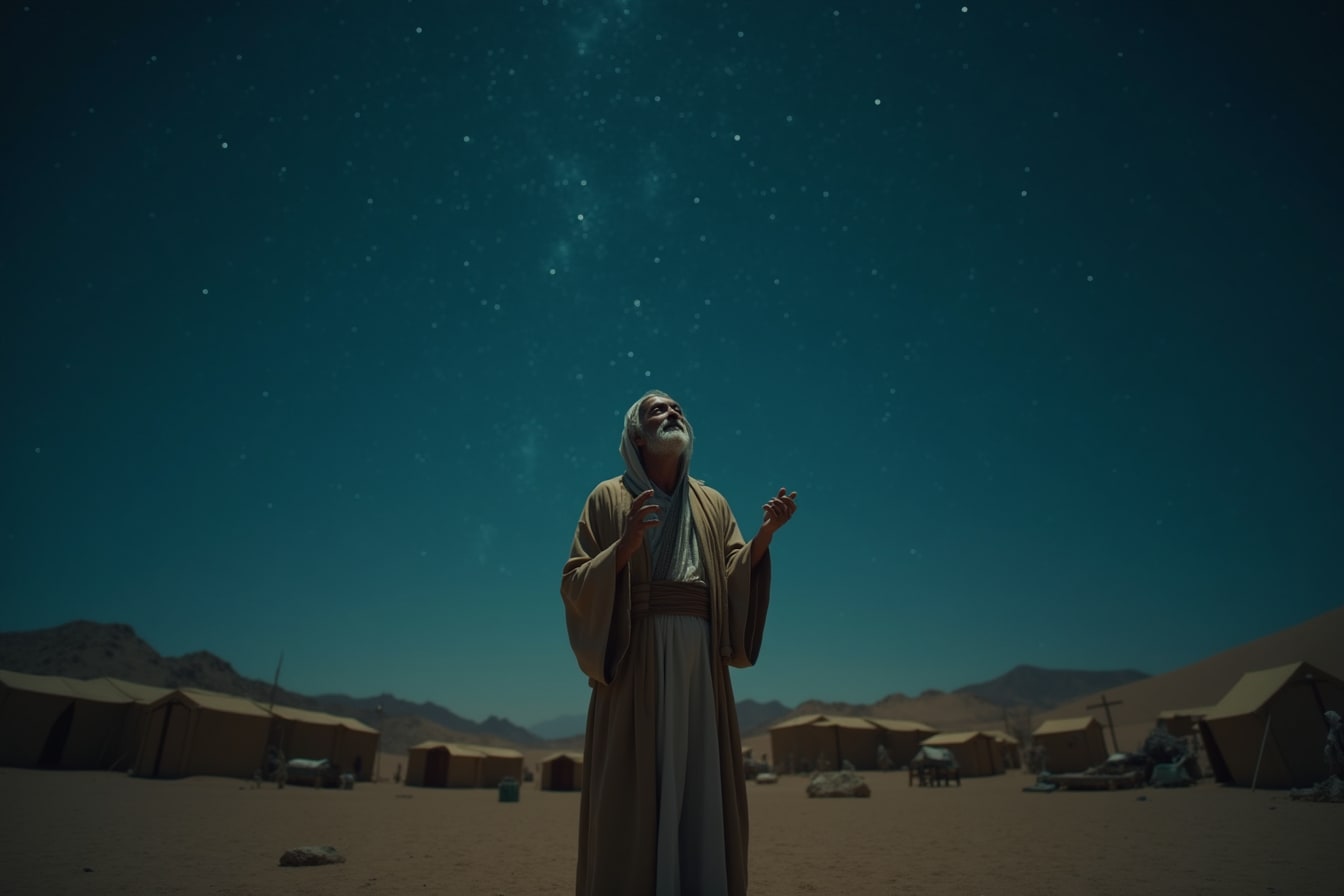 Un anciano vestido con ropas antiguas está de pie de noche bajo un cielo estrellado en el desierto, cerca de tiendas y rebaños.