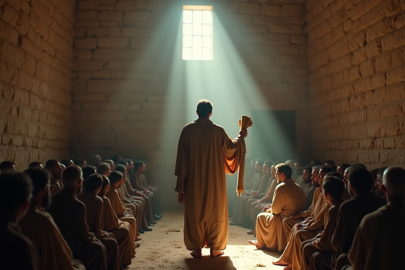 A man seen from behind stands holding an open scroll before a seated congregation inside an ancient stone synagogue.