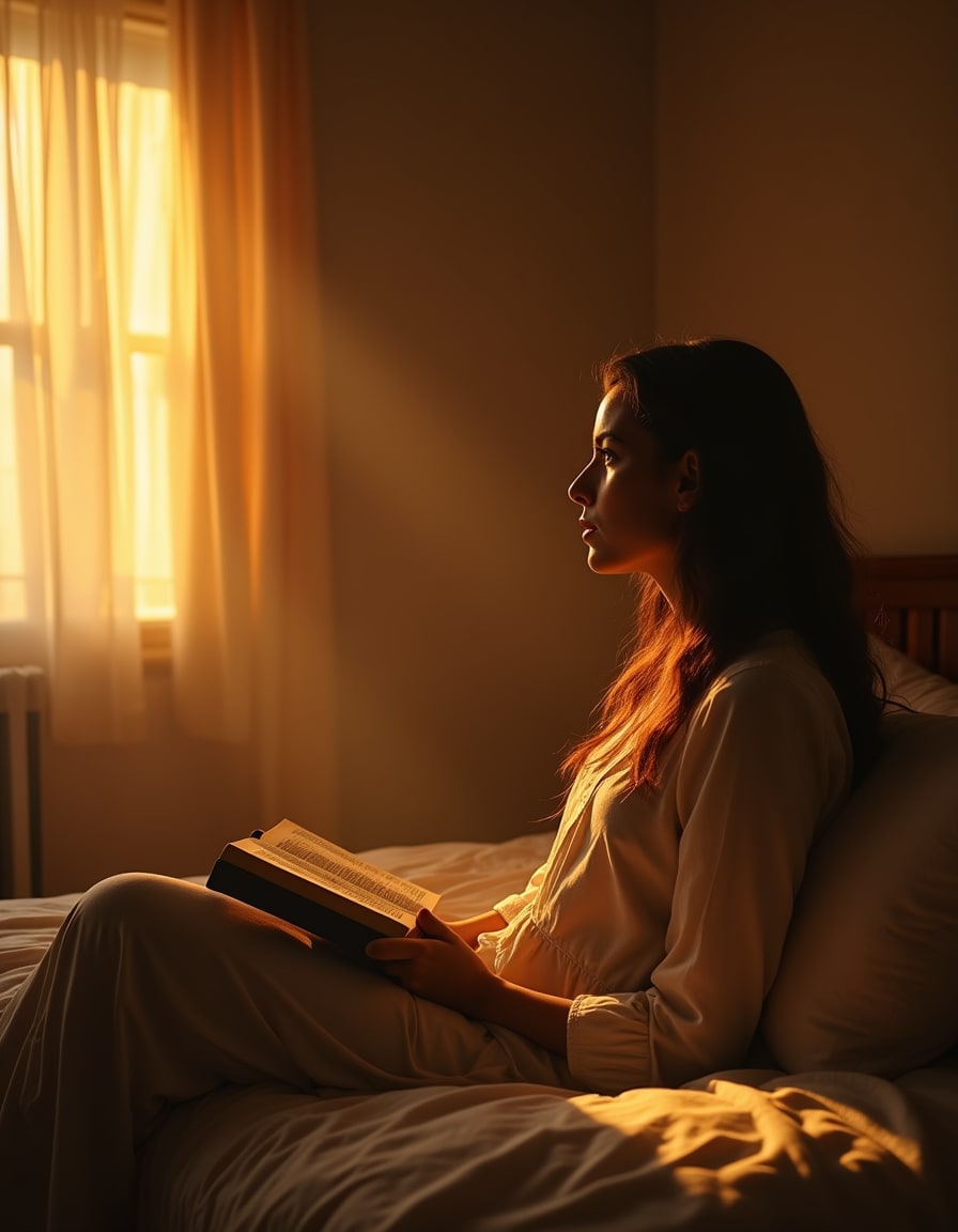 Una habitación bañada en una brillante luz dorada al pie de la cama, con una mujer que la contempla desde la cabecera.