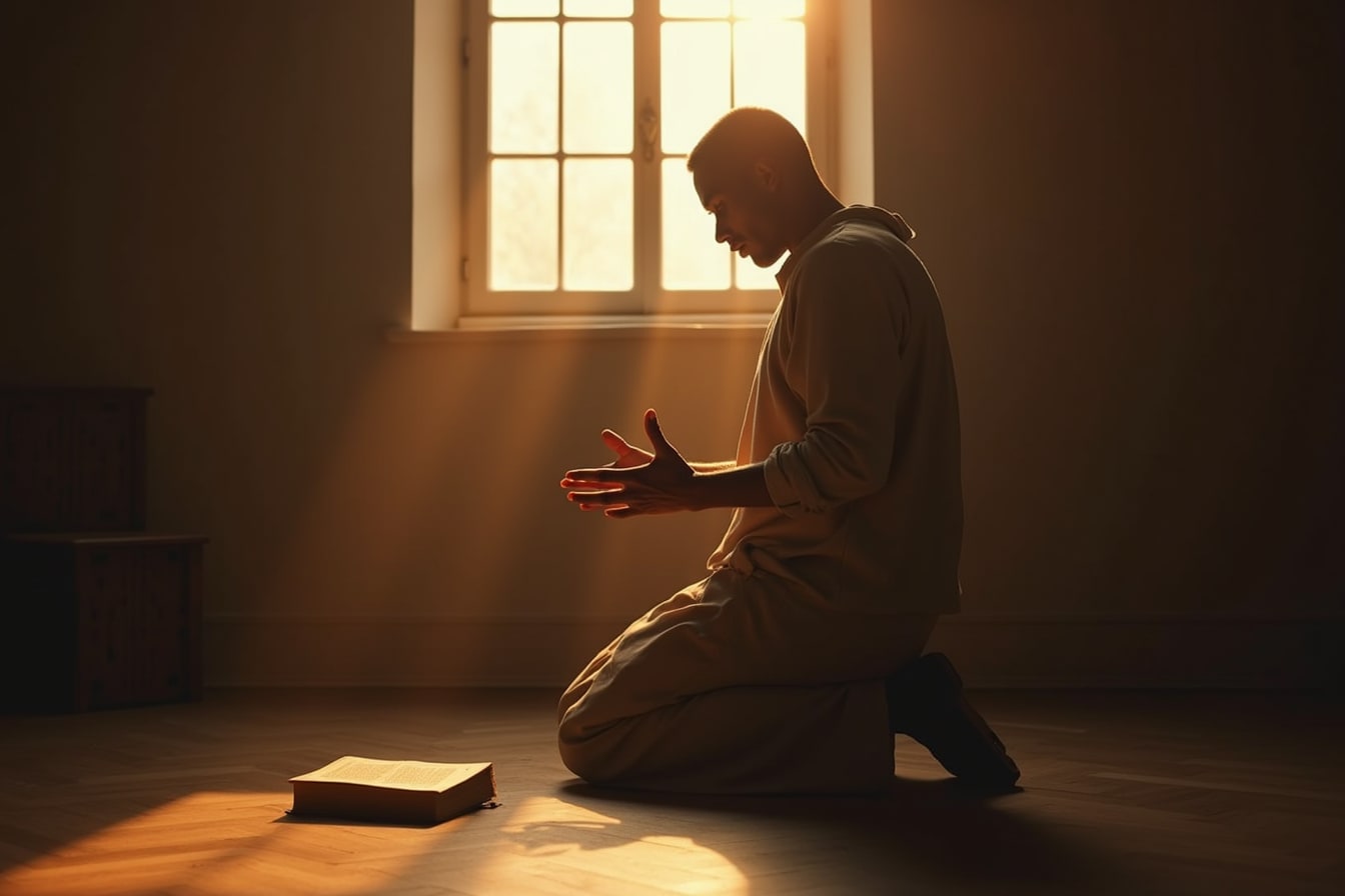 رجل راكع في الصلاة بيدين مفتوحتين في استسلام، وإلى جانبه الكتاب المقدس على الأرض، مع ضوء الصباح يتسلل عبر النافذة.