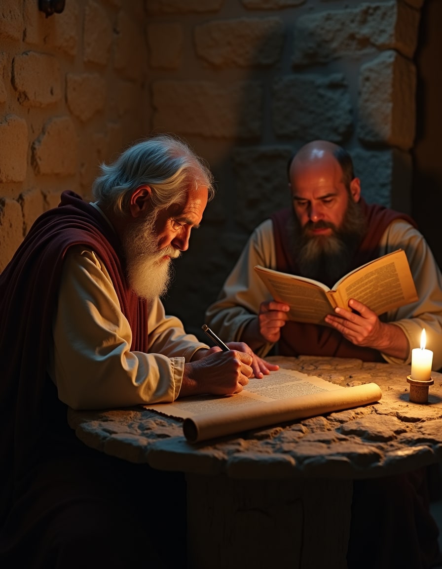 An ancient apostle writing by lamplight while another man reads a scroll with an expression of astonishment.