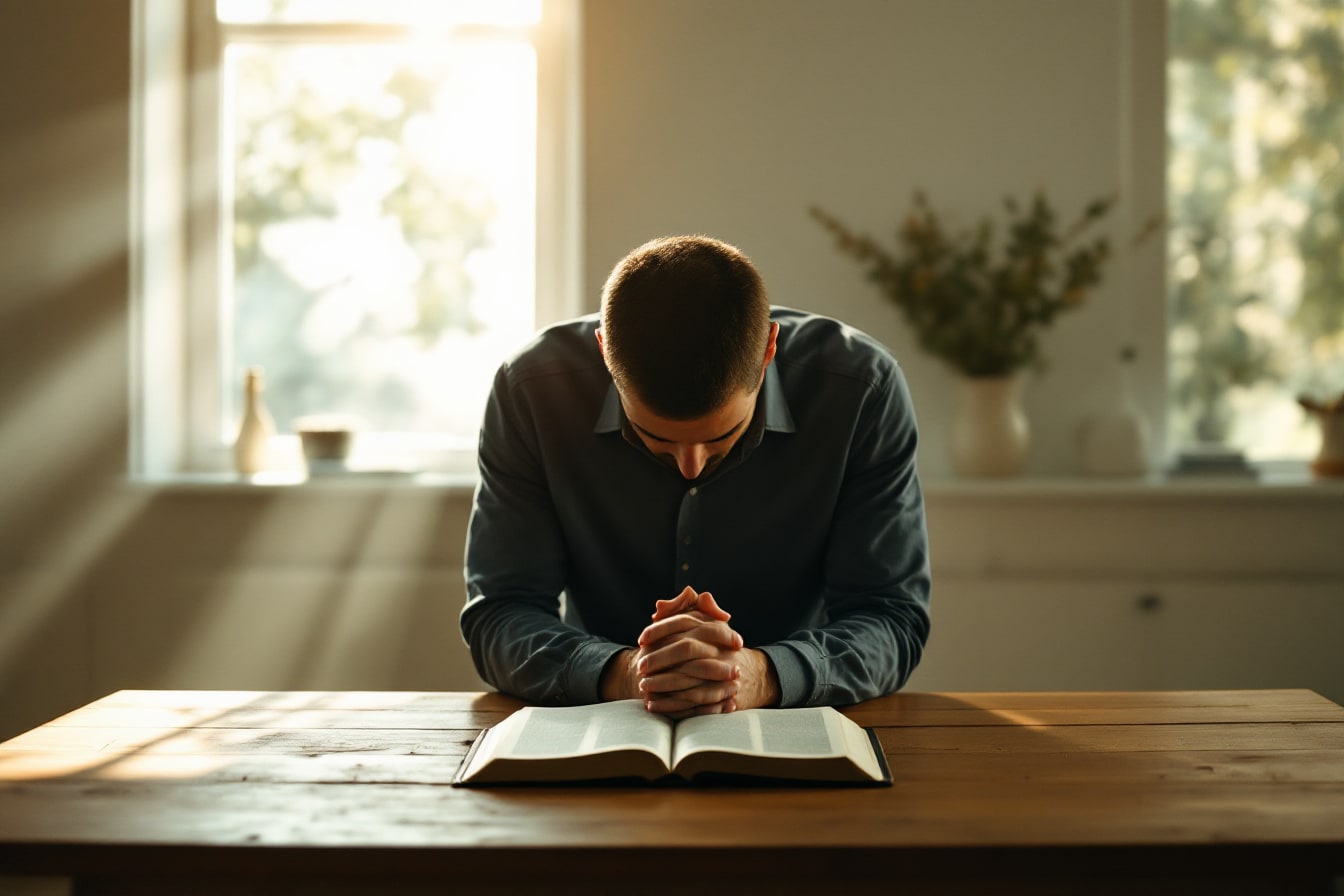 رجل يركع في صلاة عند طاولة عليها كتاب مقدس مفتوح، وضوء الصباح يتدفق عبر نافذة.