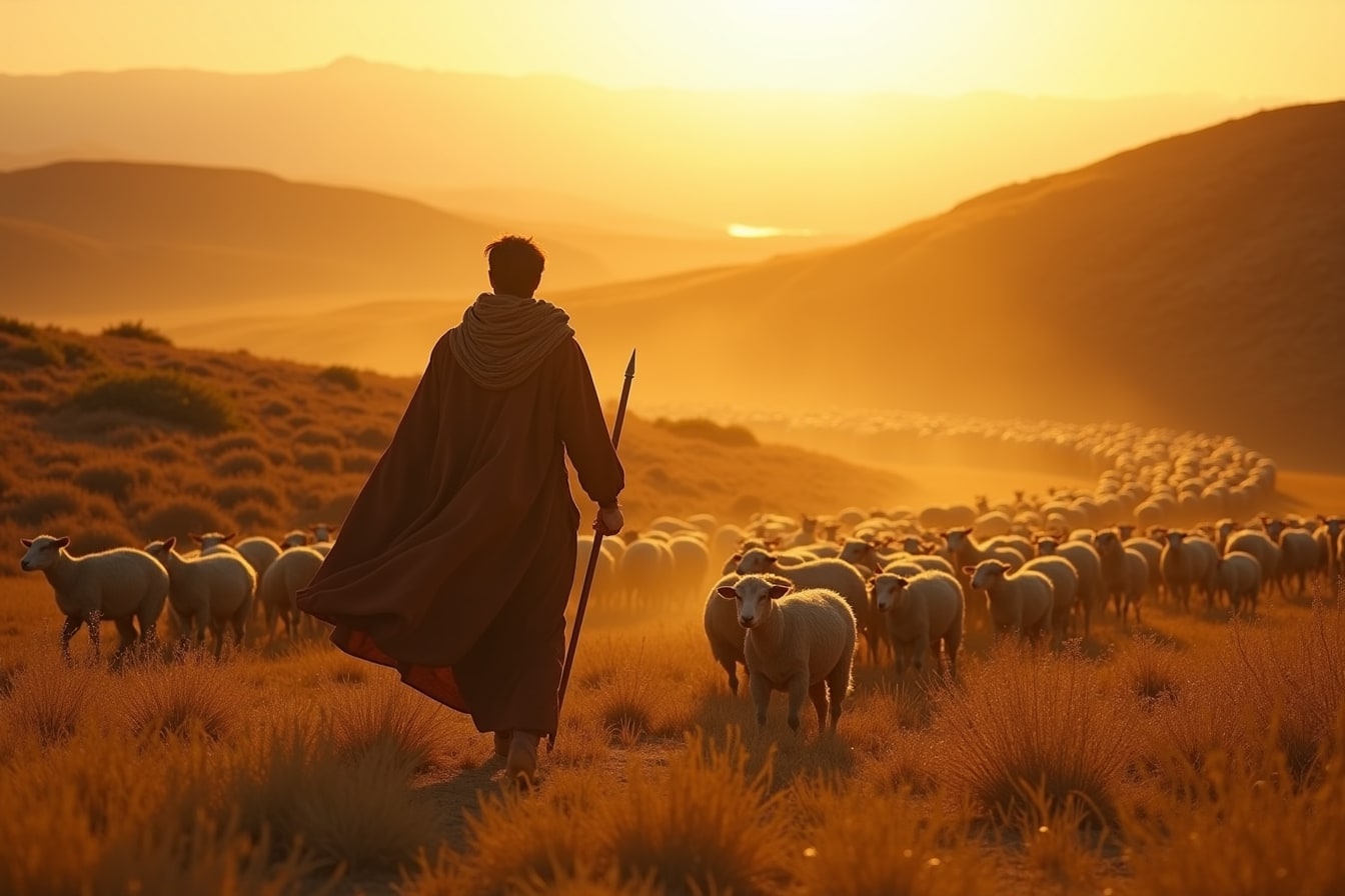 Jezi k ap mache tankou yon berejè devan yon bann mouton nan kolin dore yo nan solèy kouchan.